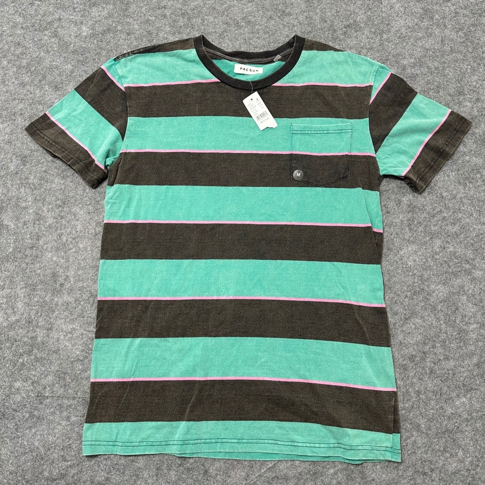 NEW PacSun T Shirt Mens Sz M Green Black Striped Pocket Tee Short Sleeve Cotton‎